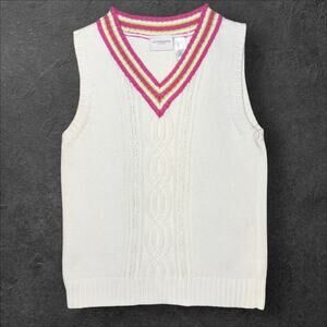 Vintage 90s Liz Claiborne LizSport Ivory Cable Knit Varsity Sweater Vest Large